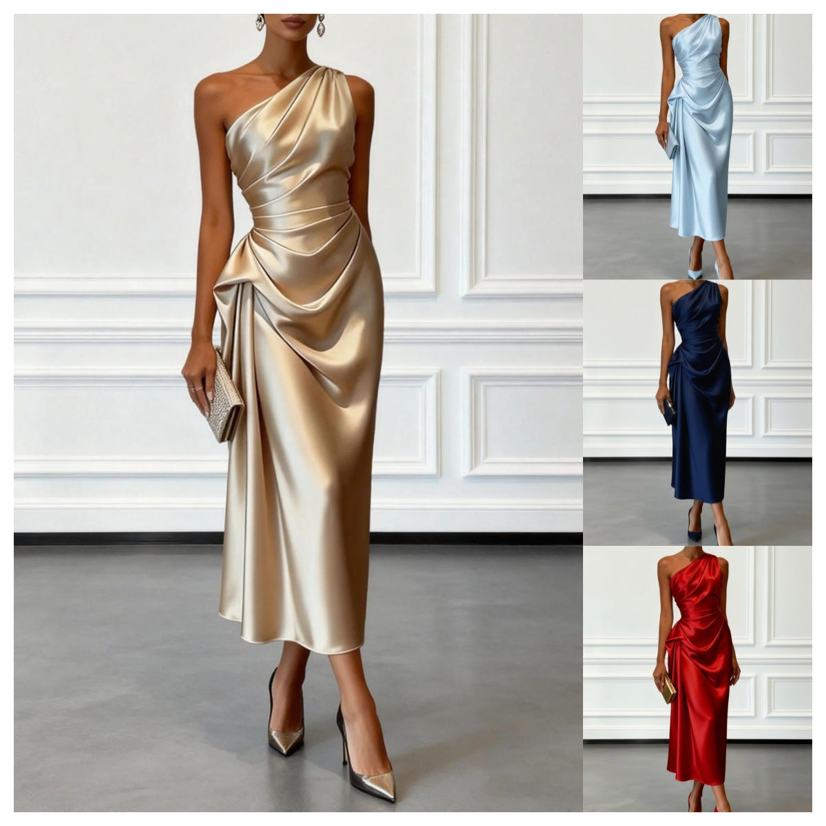 Womens Satin Pleated Waist-cinching Dress