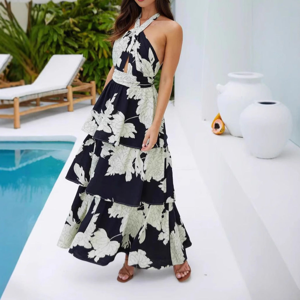 Print Cake Dress Lace-up Long Dress