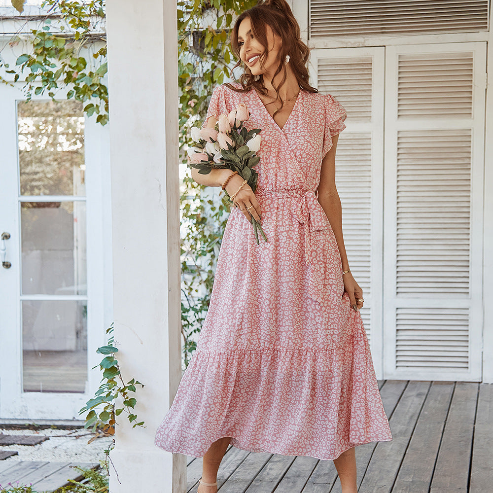 Dresses Ruffle Cap Sleeve V Neck Belt Wrap Split Boho Floral Long Casual Party Beach Dress