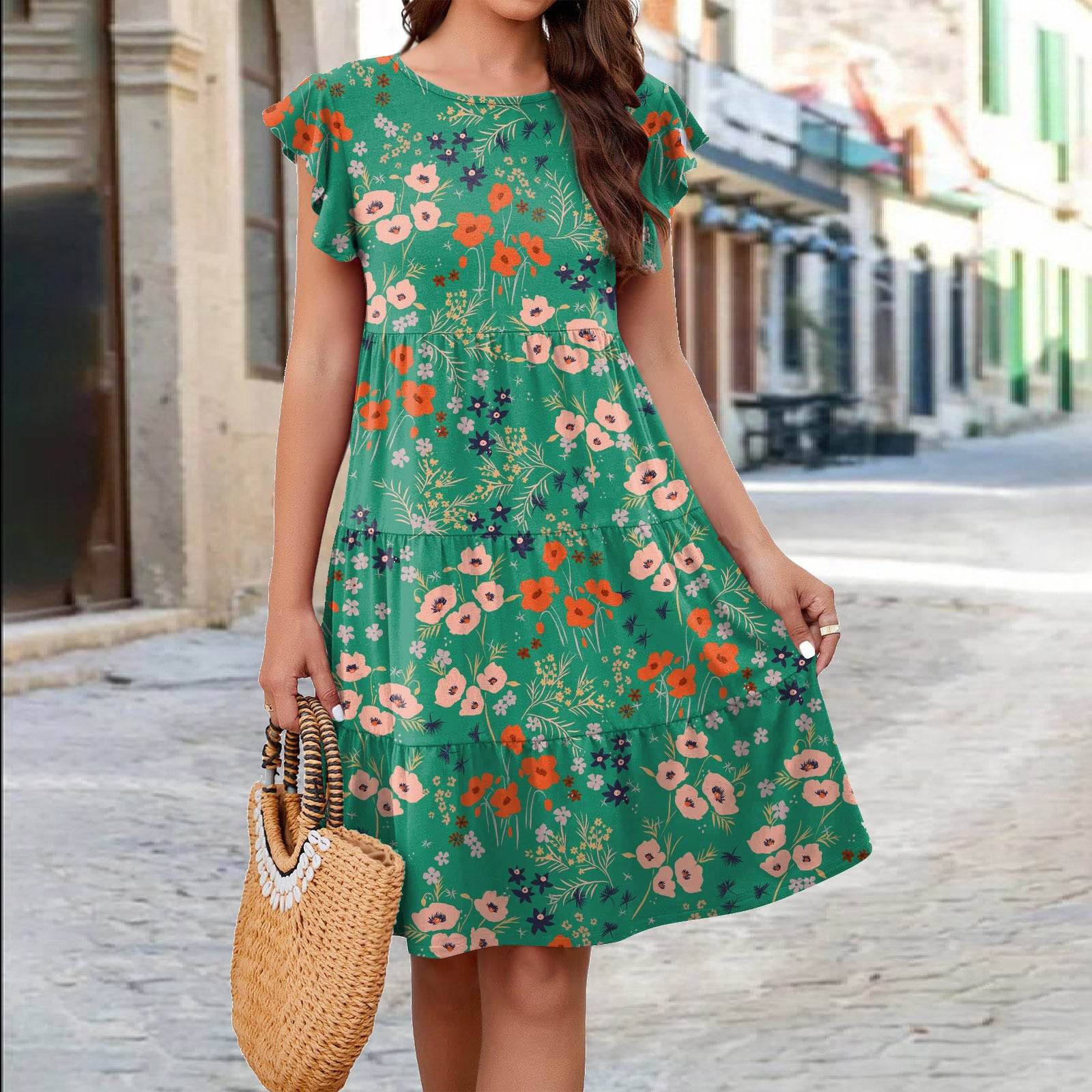 Ruffle Sleeve Dress Loose Flower Print Beach Dresses Sweet Skirt Women