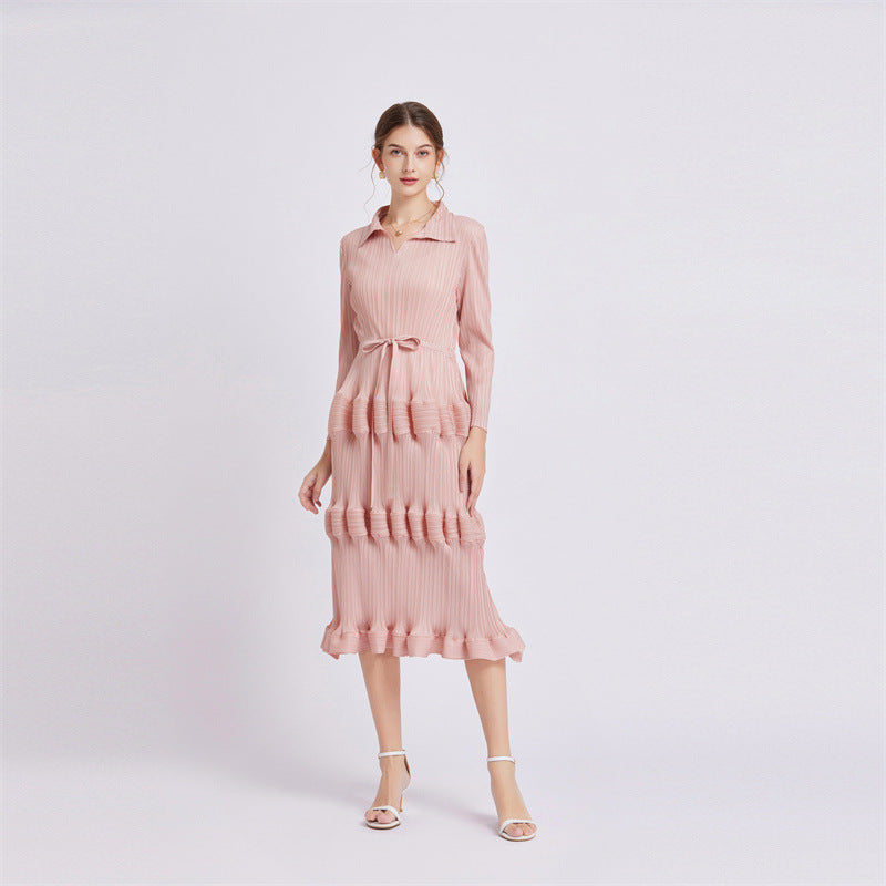 Dress Mid Waist Pleated Slim Fit Lantern Dress