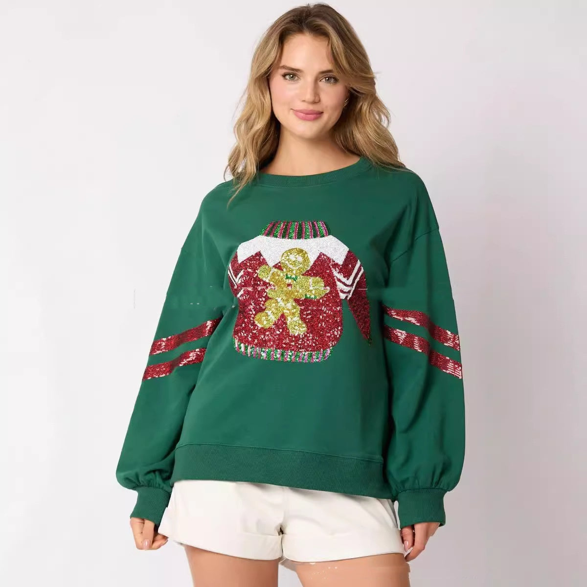 Christmas Sequined Round Neck Top Casual Sweatshirt