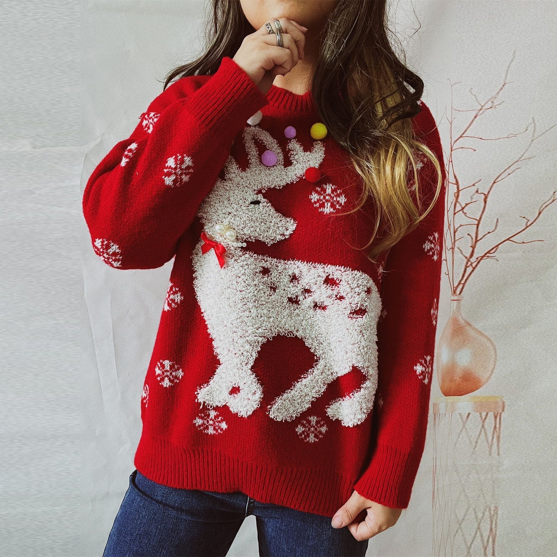 Elk Flocking Jacquard Handmade Pearl Colorful Ball Decorative Knitted Christmas Sweater