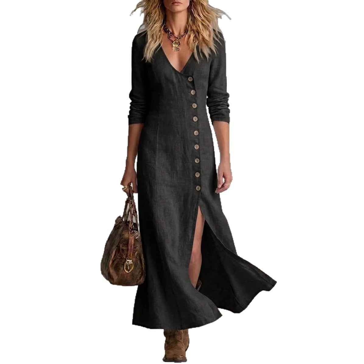 Casual Cotton-Linen Long-Sleeve Womens Dress