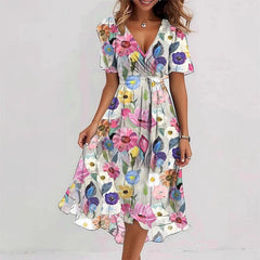 Flowers Printed V-neck Dress A-line Short-sleeved Dresses For Women