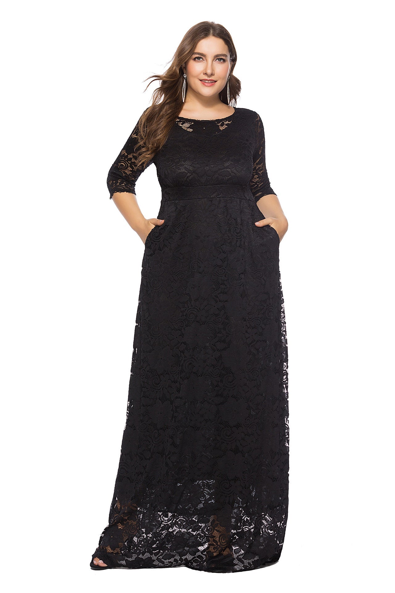 Plus Size Hollow Lace Pocket Dress