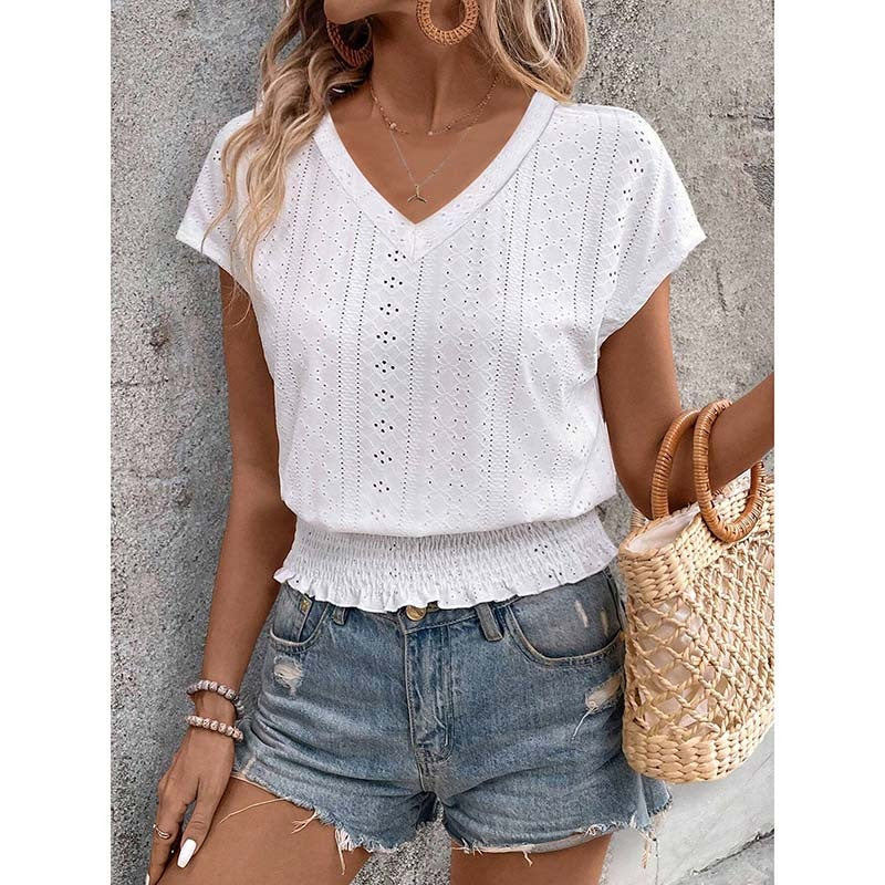 Eyelet Top Casual V Neck Short Sleeve Smocked Shirts Loose Tunic Tops Blouses