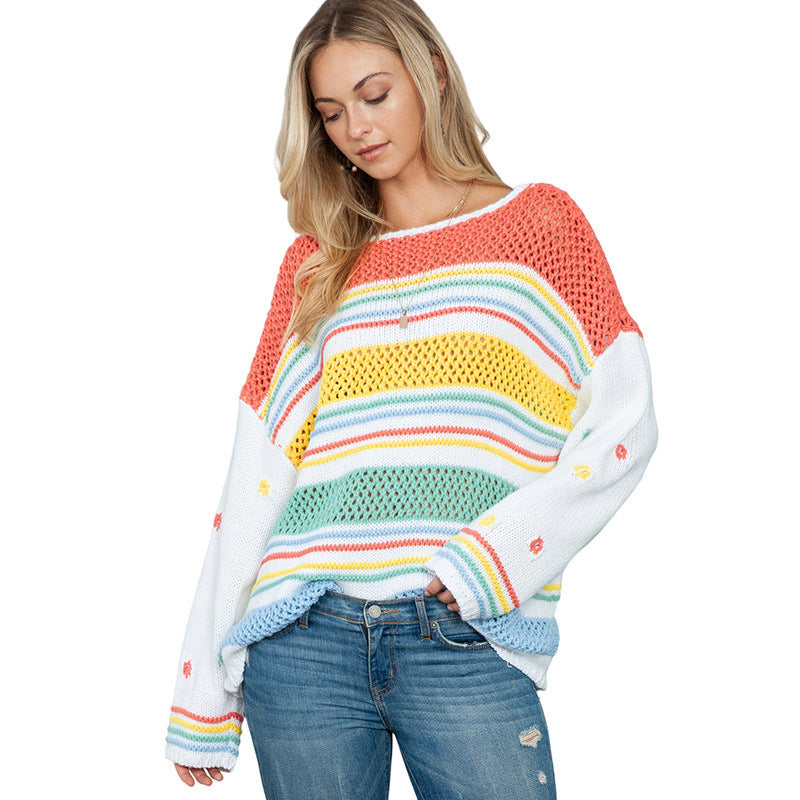 Leisure Idle Style Colorized Sweater Mixed Color Stripe Pullover Women