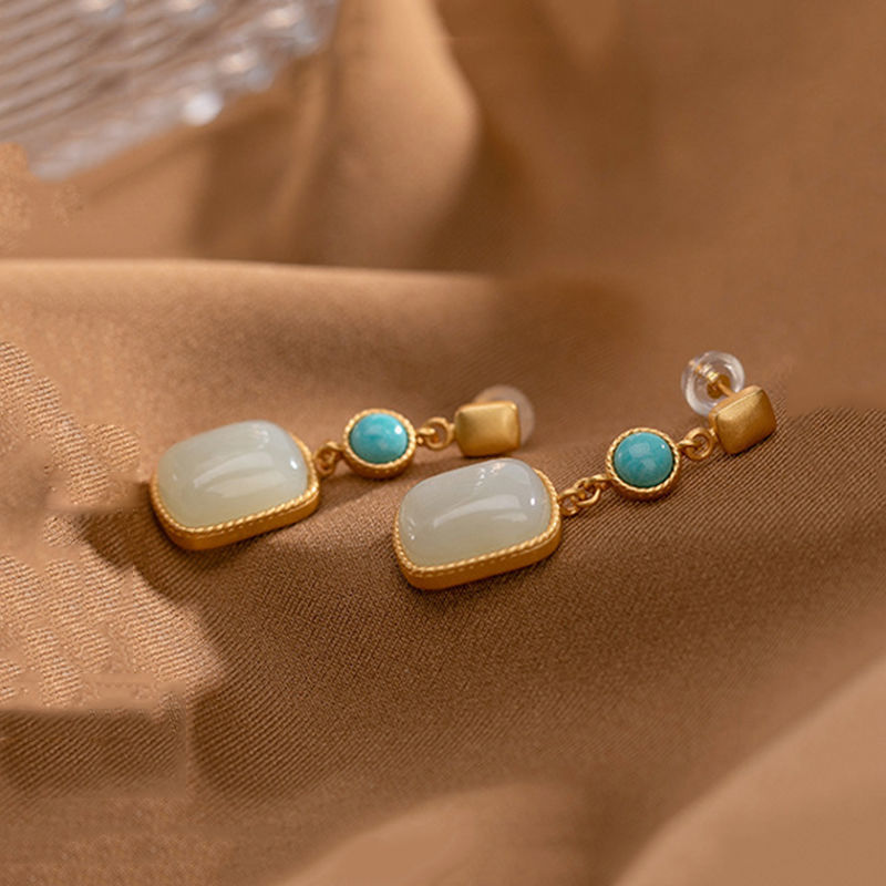Square Hetian Jade Ear Studs Women