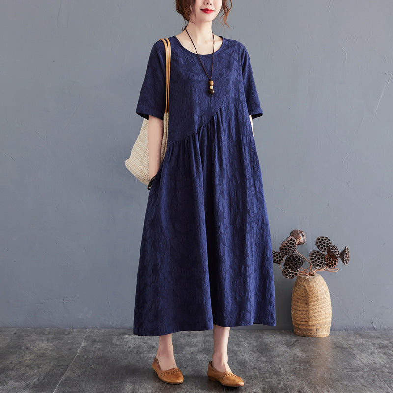 Loose And Simple Jacquard Irregular Large Size Cotton And Linen Dress For Women