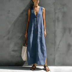 Womens Simple Cotton-Linen V-Neck Buttoned Sleeveless Loose Long Dress