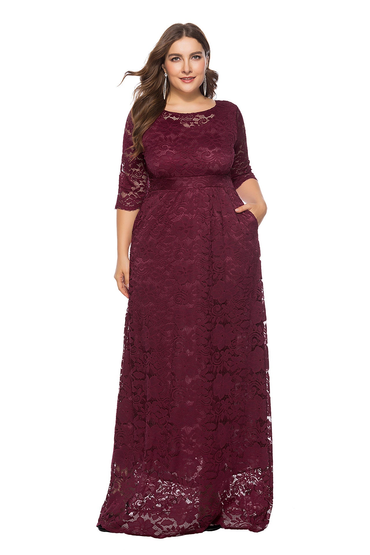 Plus Size Hollow Lace Pocket Dress