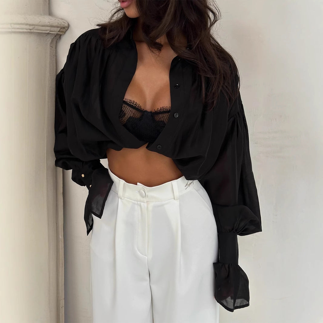 Ins French Lantern Sleeve Shirt Button Lapel Long Sleeved Tops Casual Clothing
