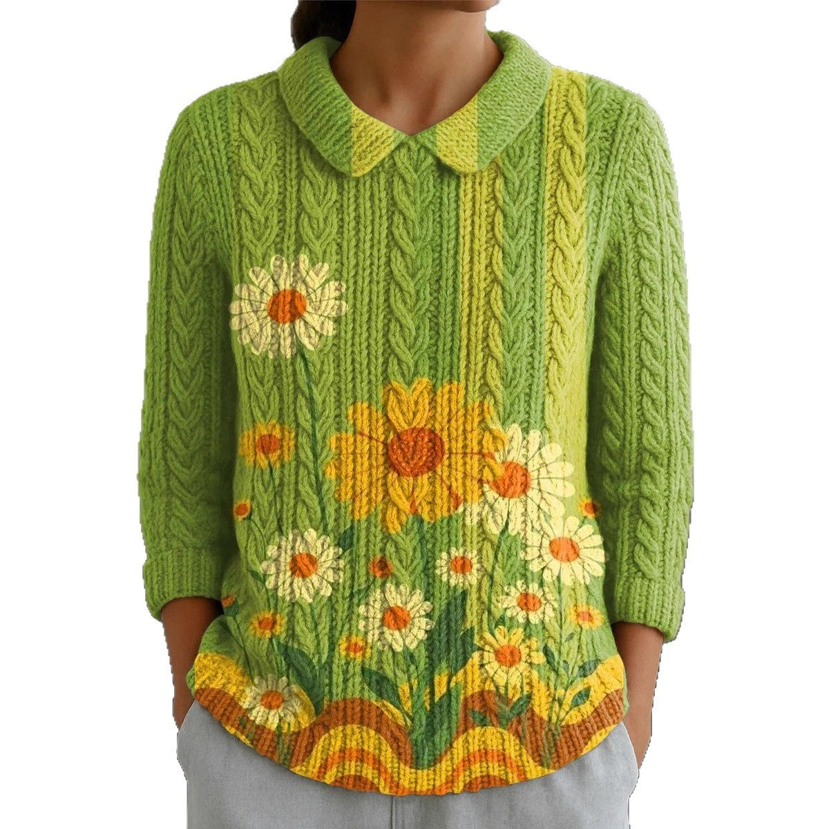 And Doll Collar Knitted Jacquard Fabric French Retro Printed Top
