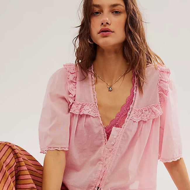Lace-trimmed Collar Loose-fitting Pleated Top For Women