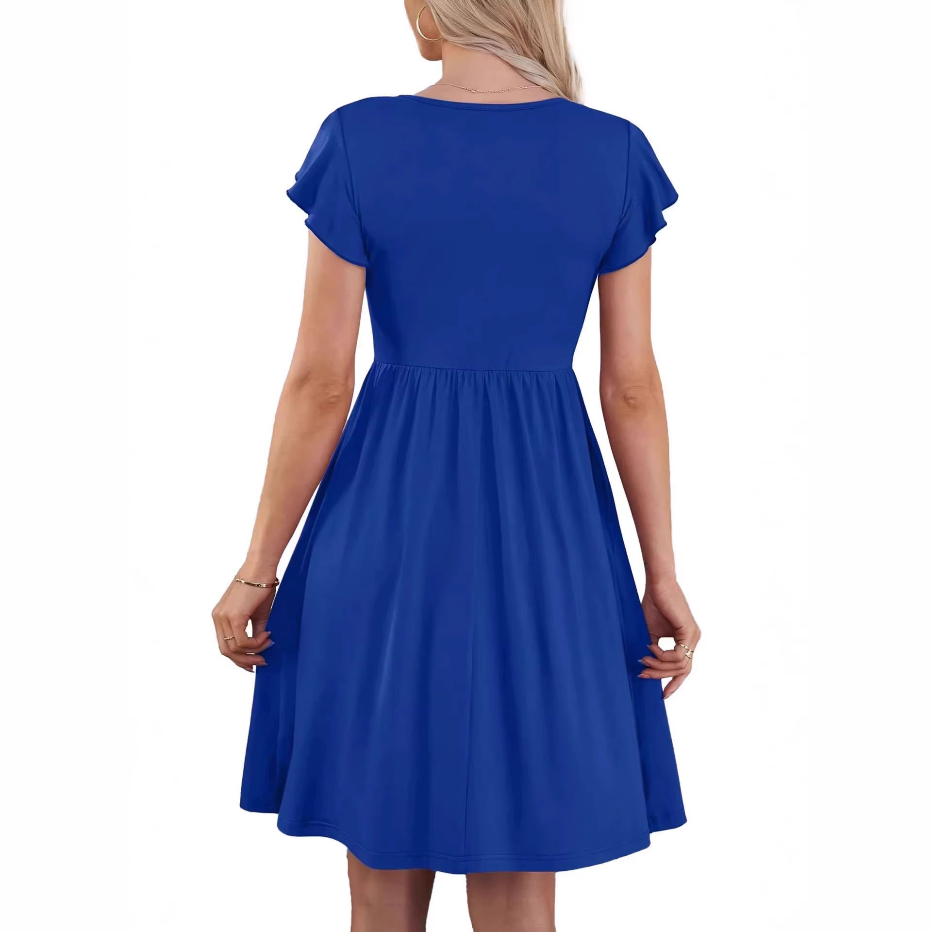 V-neck Solid Color Defined Waist Ruffle Sleeve Womens Mid-length Dress