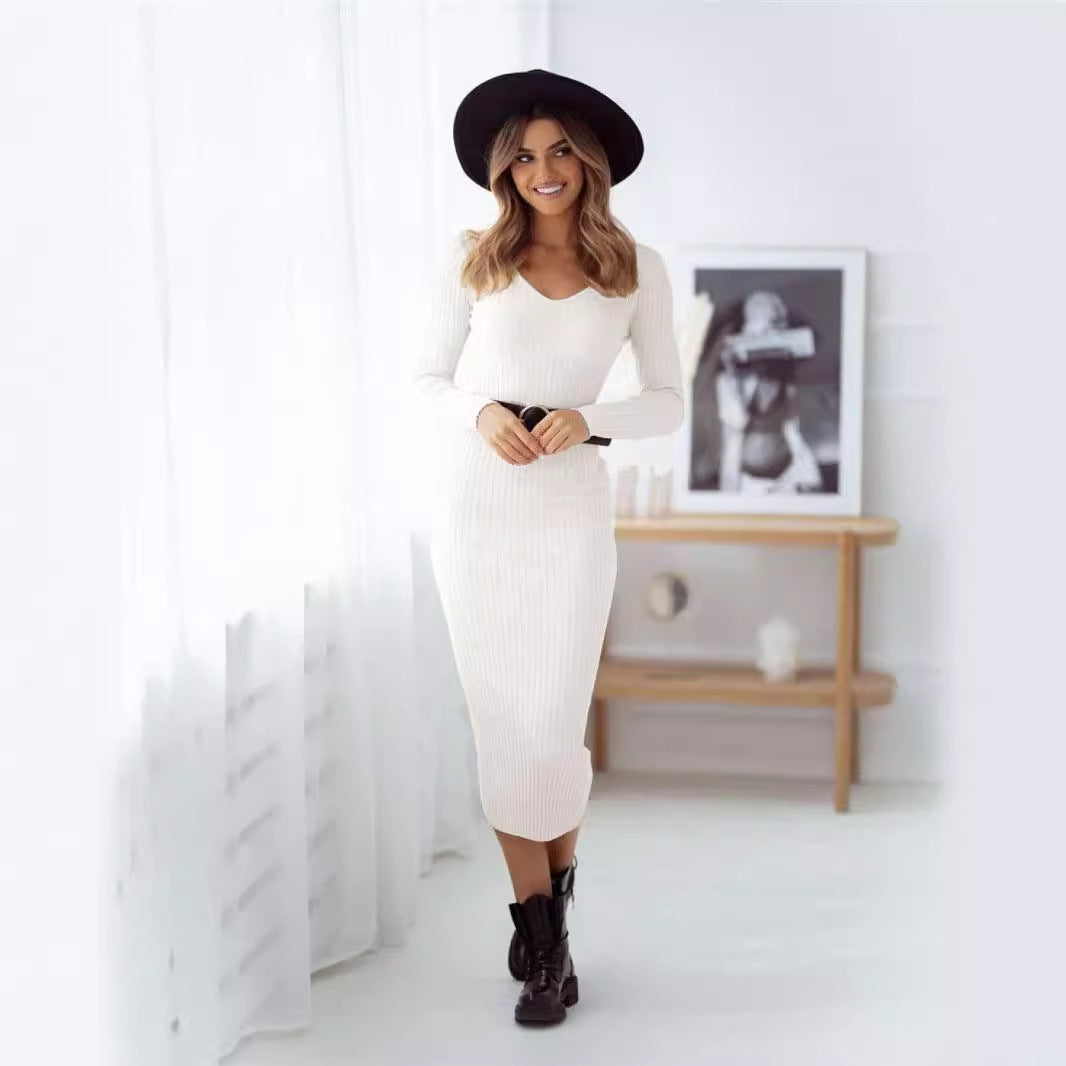 Midi Dress Solid Color Knitted Dress