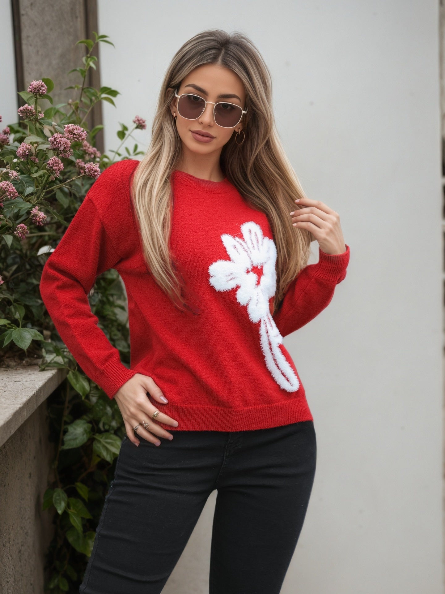 Long-sleeved Knitted Jacquard Solid Color Sweater