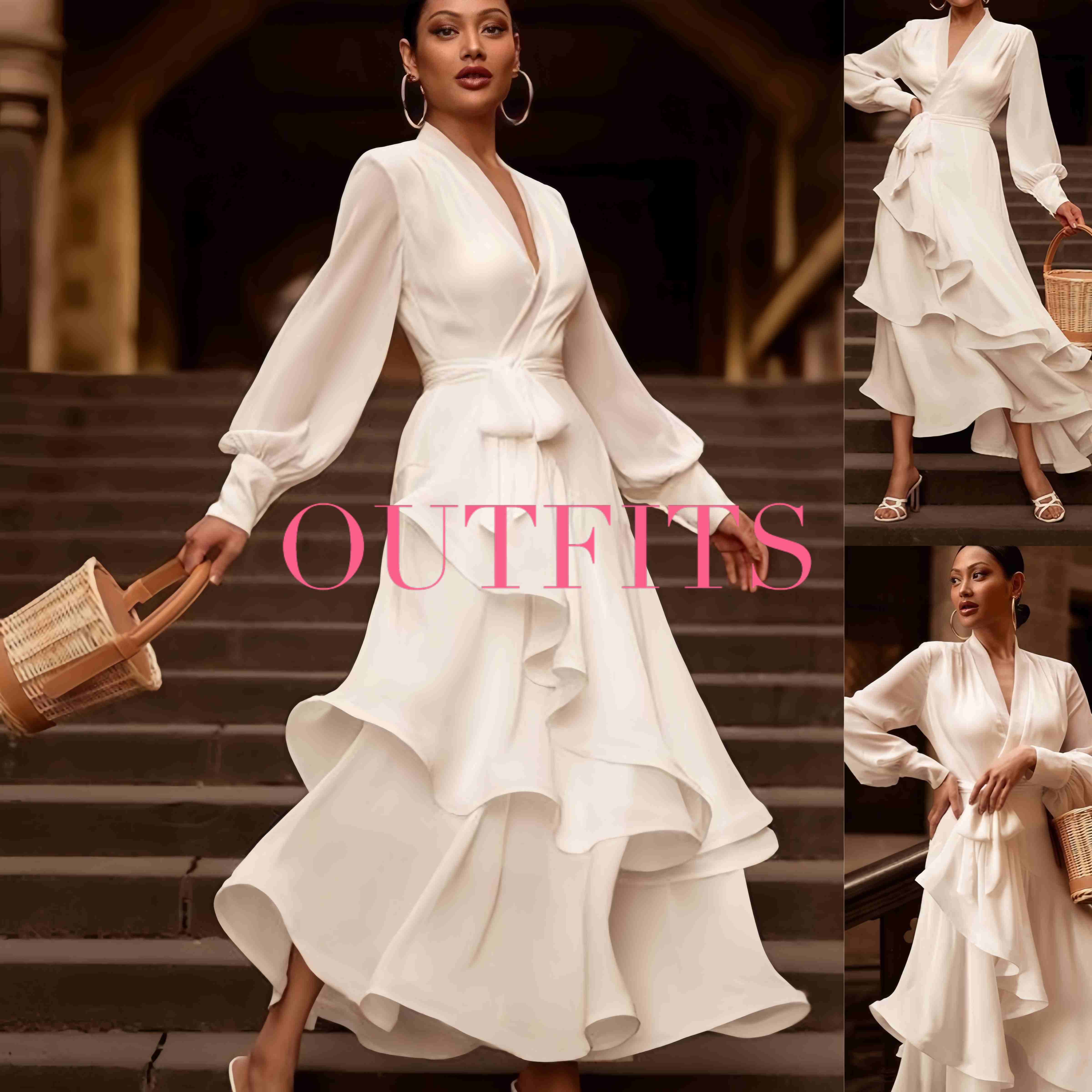Elegant White Satin V-Neck Prom Dress â€?Long Sleeve Layered Ruffle Gown