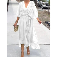 Batwing Sleeve V-neck Dress Pure Color Tied Irregular Long Dresses Womens Clothing