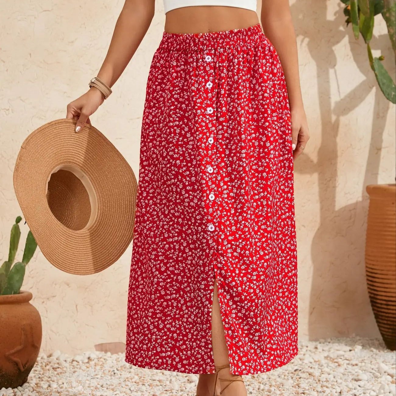 Printed Breasted Self-tie Pastoral A- Line Skirt Advanced Skirt