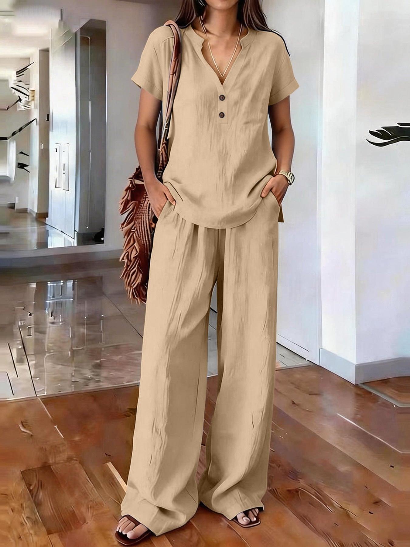 Casual Solid-Colored Cotton And Linen Set