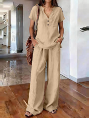 Casual Solid-Colored Cotton And Linen Set