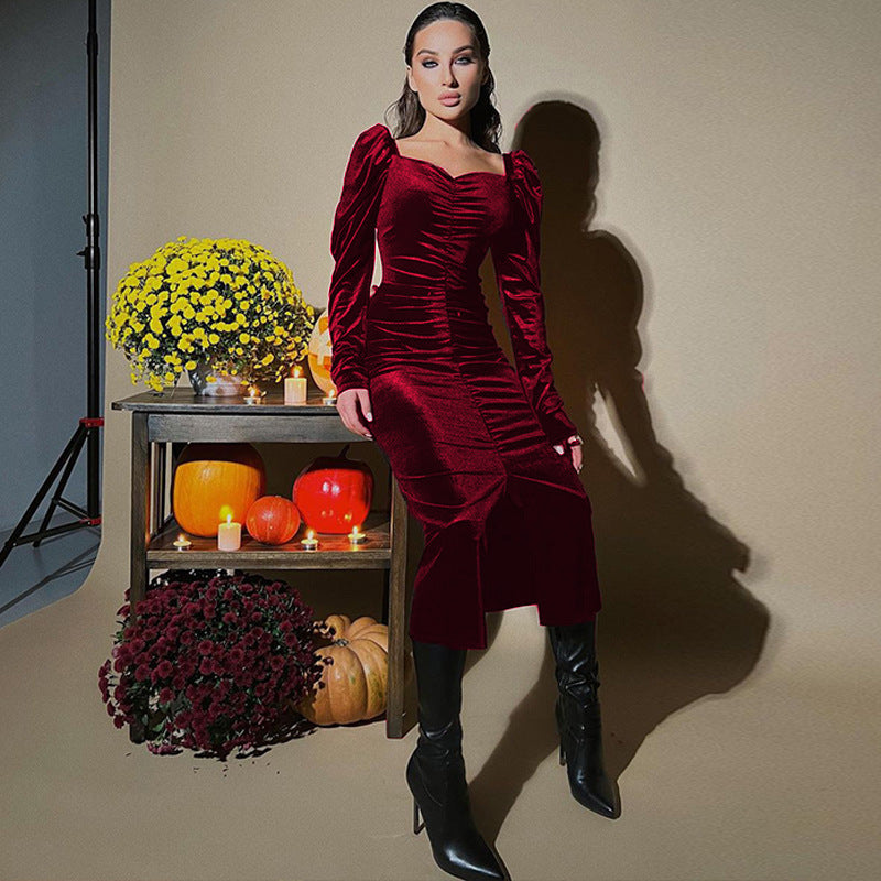 Pleated Slim Fit Slit Long-sleeved Dress