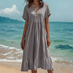 Solid-color Short-sleeve Pleated Dress