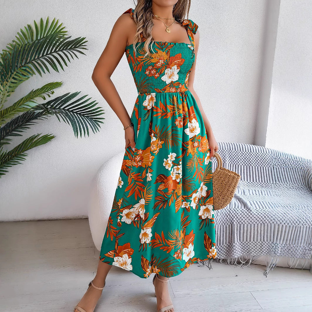Flowers Print Suspender Corset Dress Ins Holiday Beach Long Dresses Clothing For Women