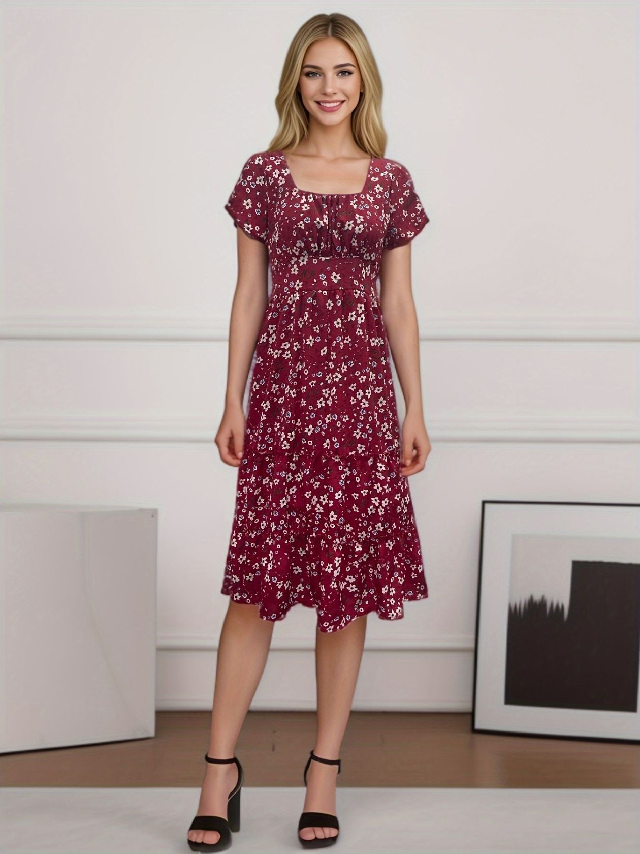 Square Collar Short Sleeve Dress Puff Floral Printed Dress Long Dresses