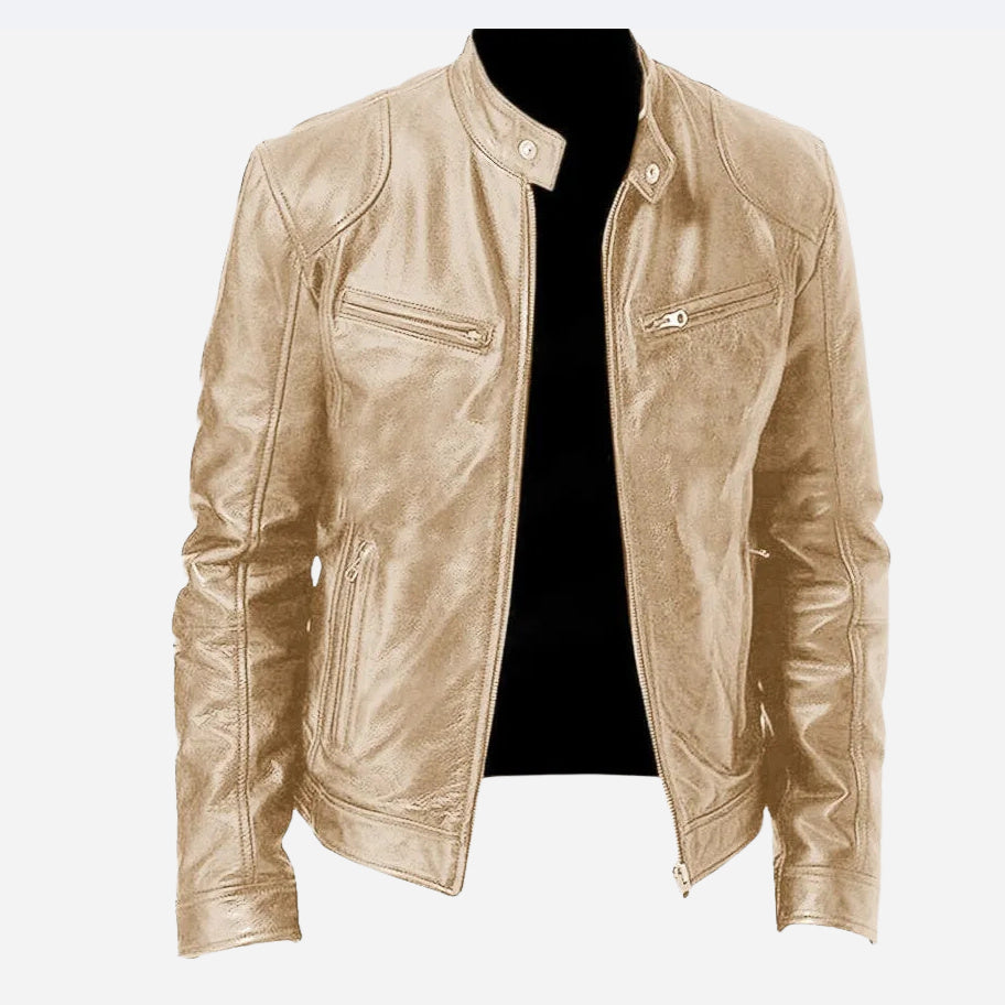 Men's Zip-up Cardigan PU Leather Jacket Pockets Stand Collar Short Tops Clothing
