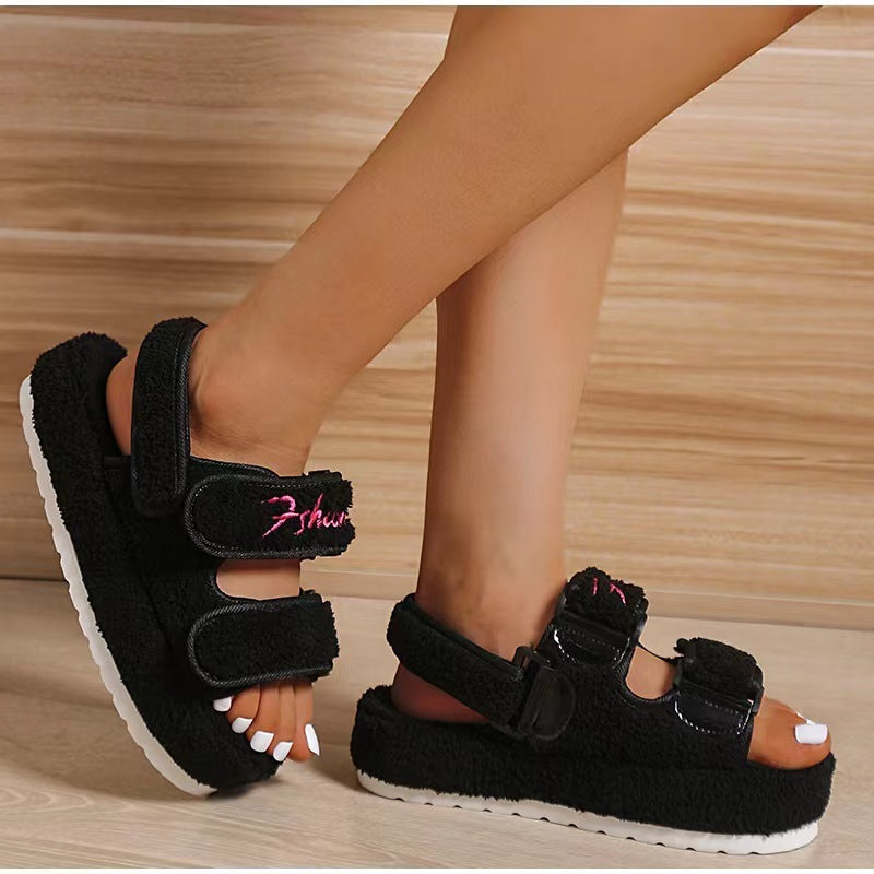 Sandals Velcro Plush Shoes Rome Platform High Heel Sandals
