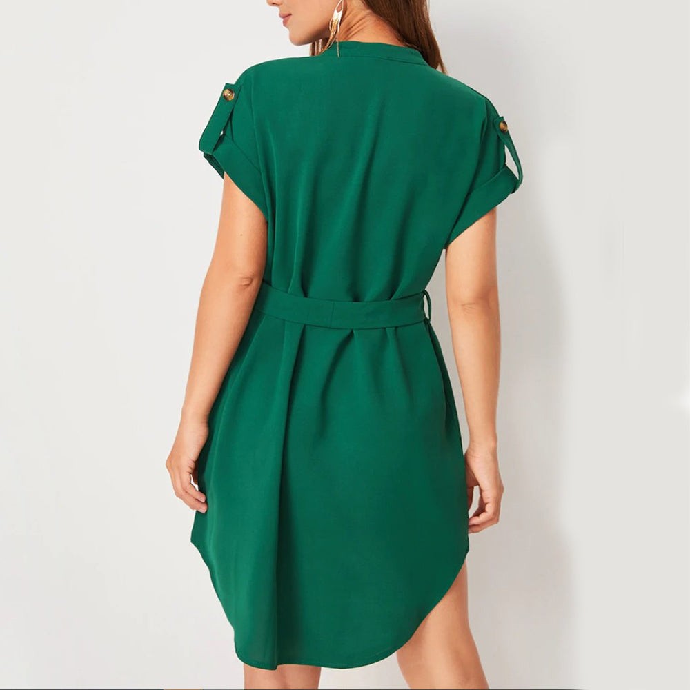 V-neck Short Sleeve Dress With Belt Bowknot Dresses For Clothing