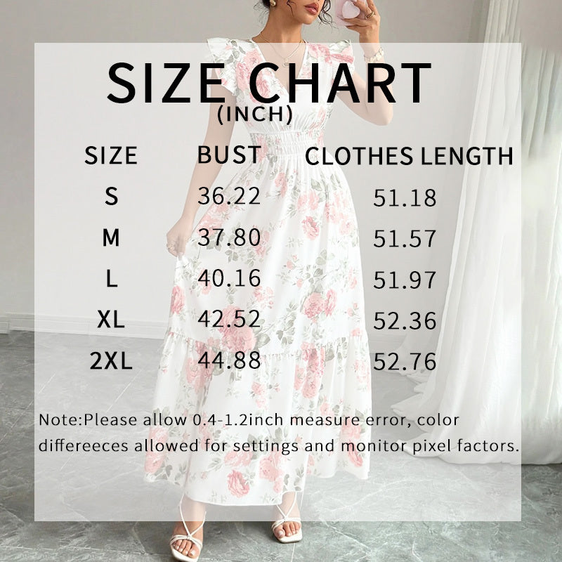Womens Casual Maxi Dress Flutter Short Sleeve V Neck Smocked A Line Flowy Beach Vacation Long Dresses