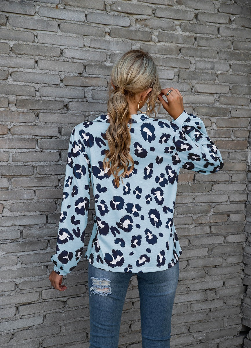 Leopard Print V-neck T-shirt Loose Long Sleeve Tops For Clothing