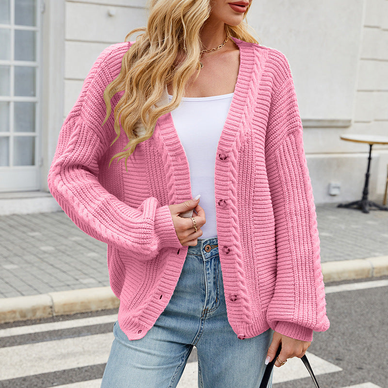Loose Long-sleeved V-neck Twisted Knitted Sweater Coat