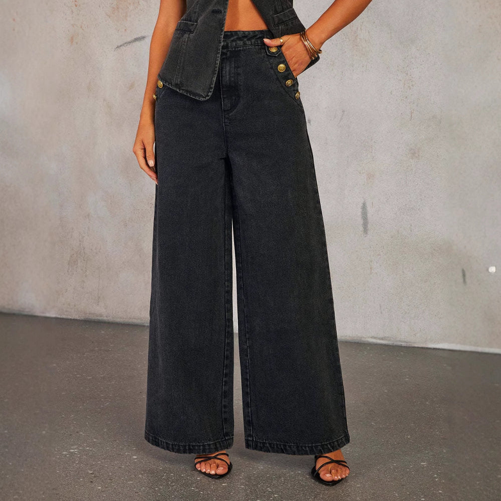 Denim Vest Suits Sleeveless Button Tops And Wide Leg Straight Pants With Pockets Trousers Set