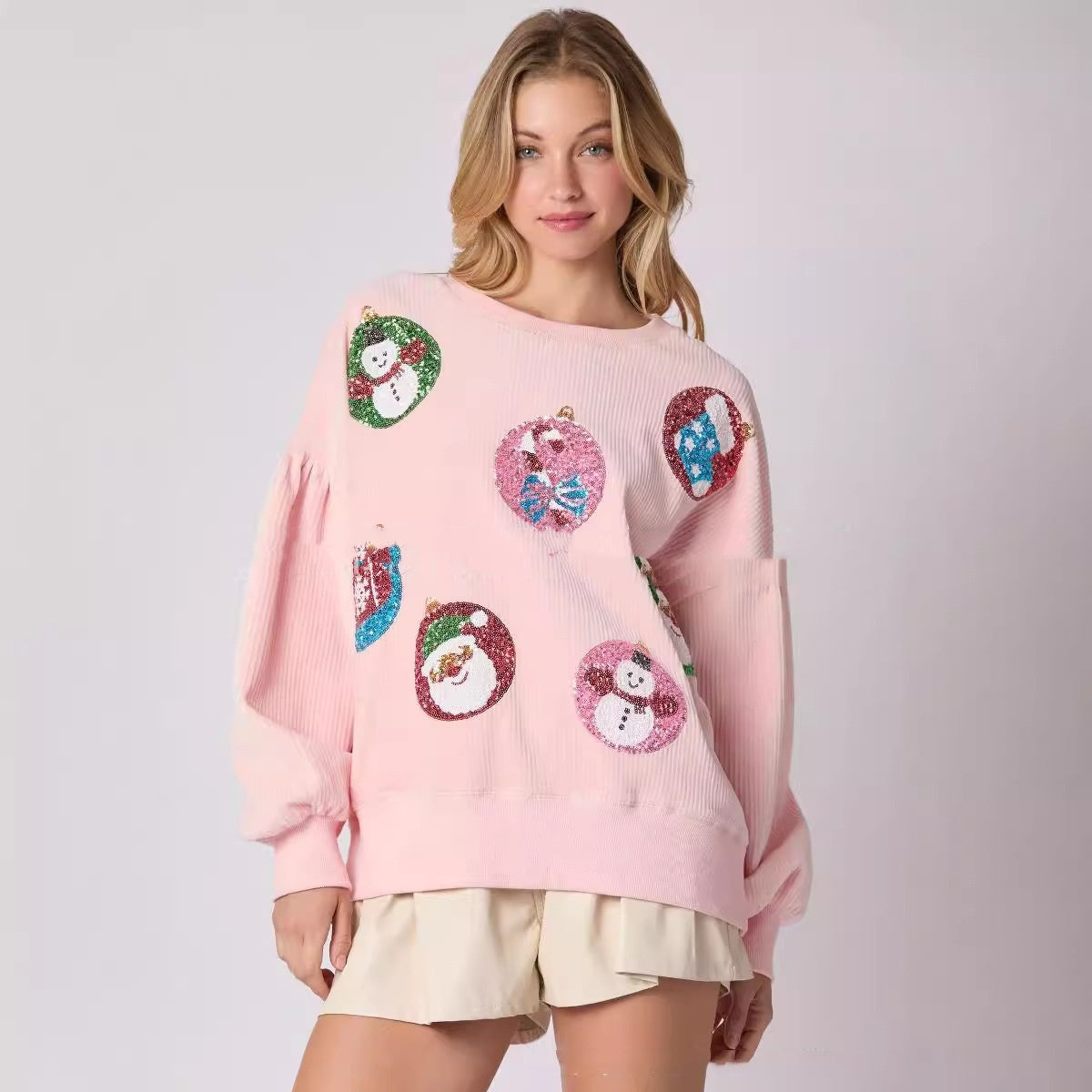 Christmas Egg Sequined Long Sleeve Loose Sweatshirt Top