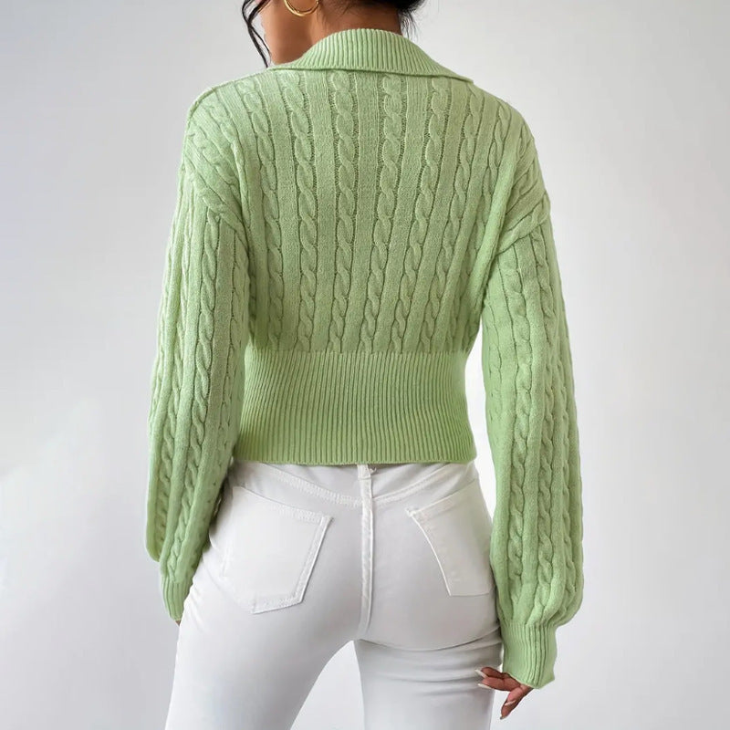 Solid Colour V-Neck Cropped Sweater with Lapel