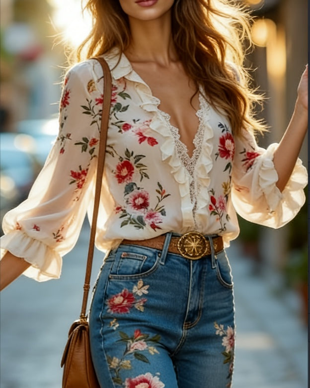 Floral Print V-neck Ruffled Puff Sleeve Chiffon Blouse