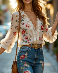Floral Print V-neck Ruffled Puff Sleeve Chiffon Blouse