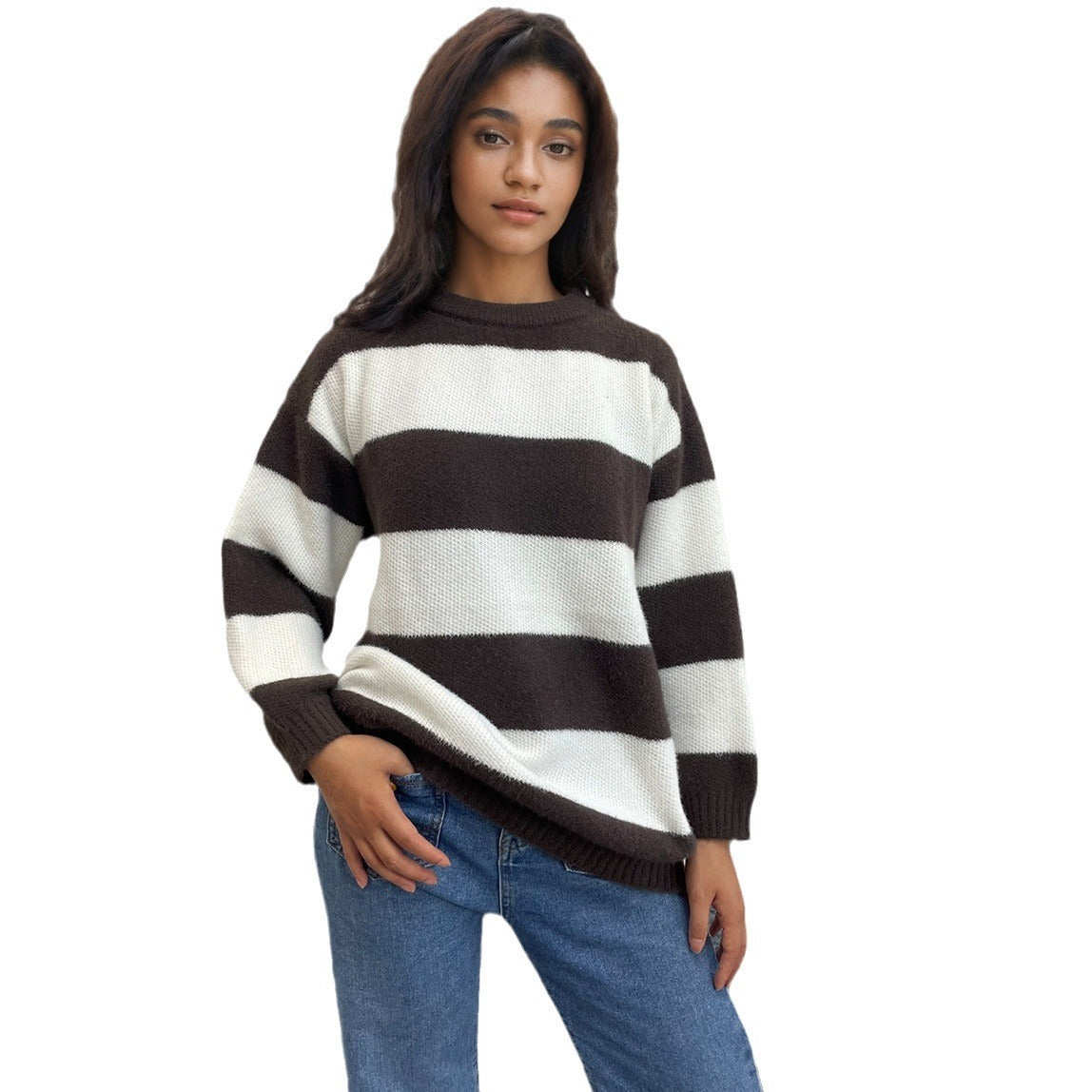 Round Neck Long Sleeve Knitted Black And White Stripes Contrast Color Wool Tops Women