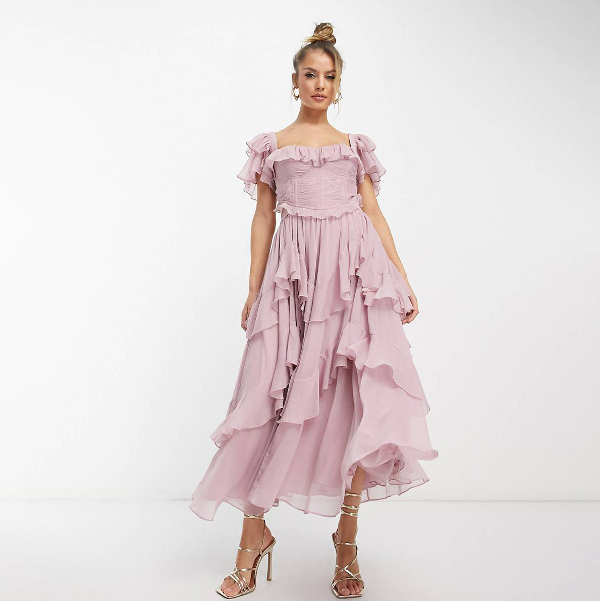 Holiday Ruffled Short-sleeved Dress Backless Square Neck Long Dresses For Party Womens Clothing