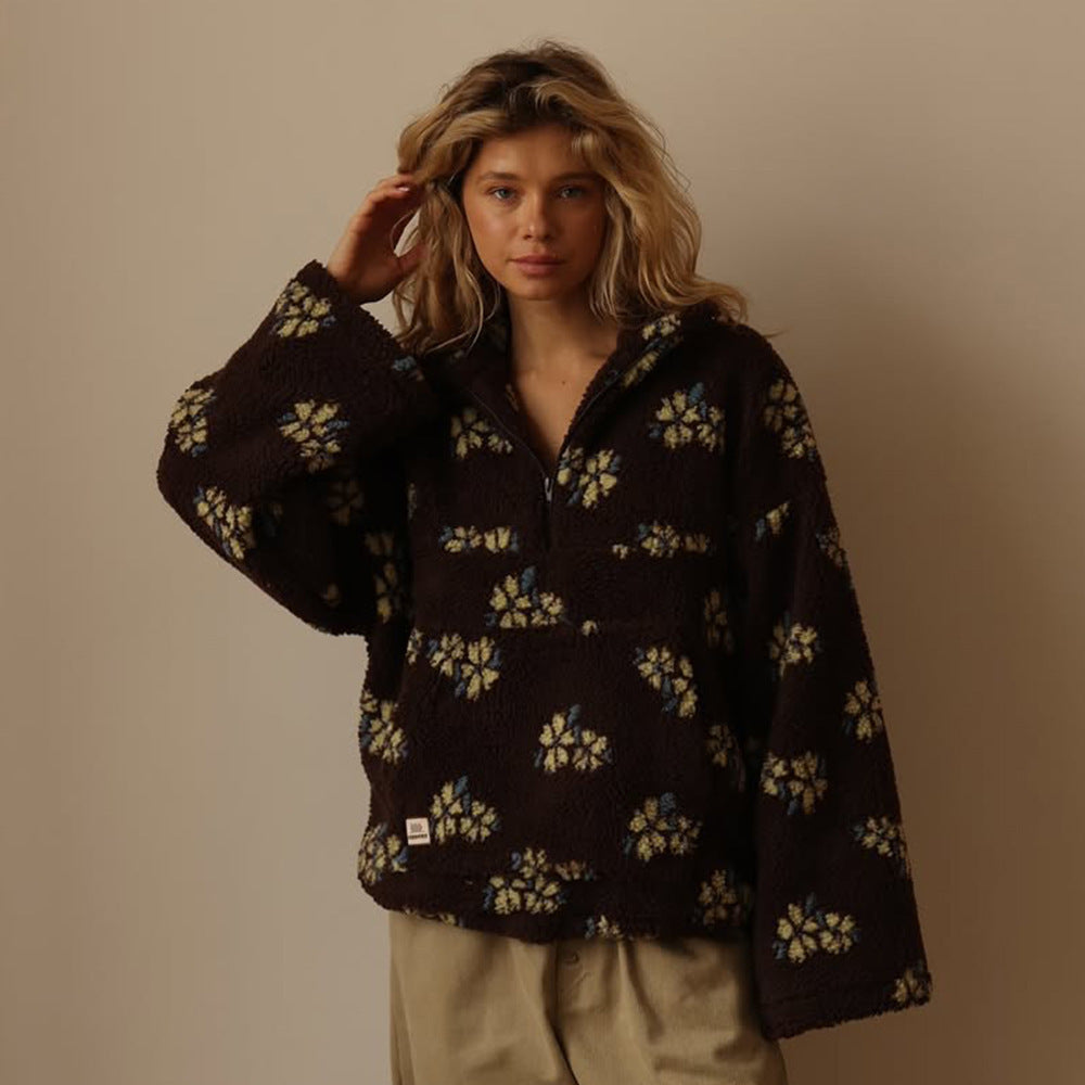 Flowers Lambskin Sweatshirt With Big Pocket Casual Loose Zip-up Lapel Pullover Top Clothing