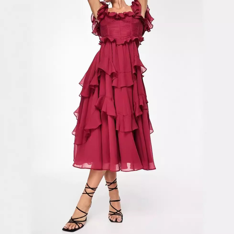 Holiday Ruffled Short-sleeved Dress Backless Square Neck Long Dresses For Party Womens Clothing