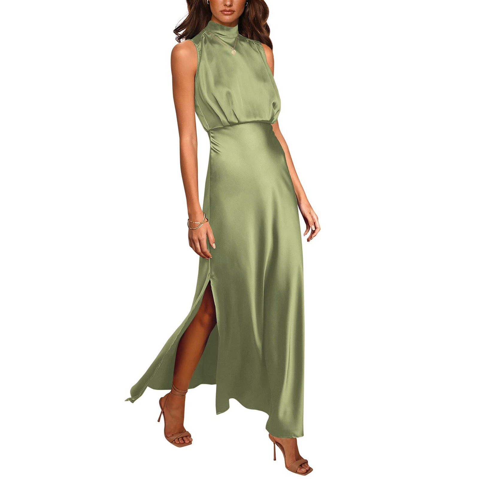 Satin Stand Collar Dress â€?Elegant High-Neck Silky Style