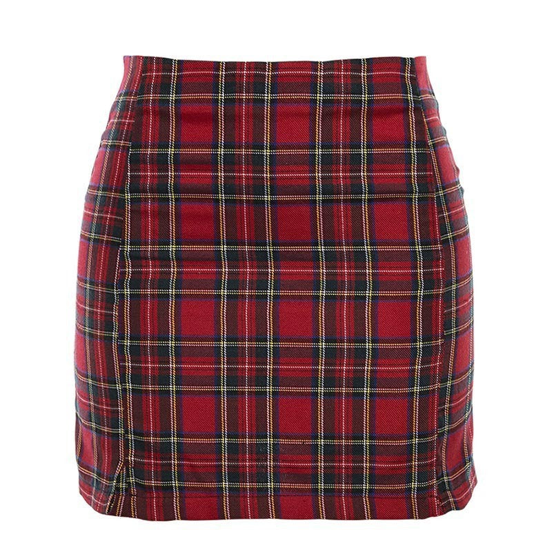 Style Foreign Trade Plaid Hem Slit Bag Hip Thin Skirt Short Skirt