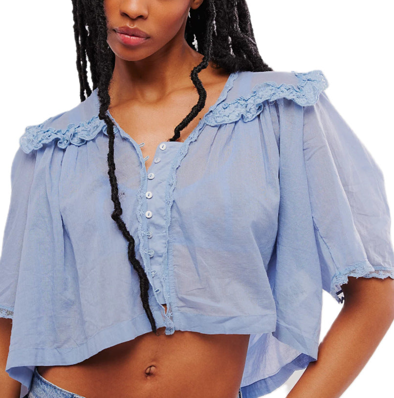 Lace-trimmed Collar Loose-fitting Pleated Top For Women