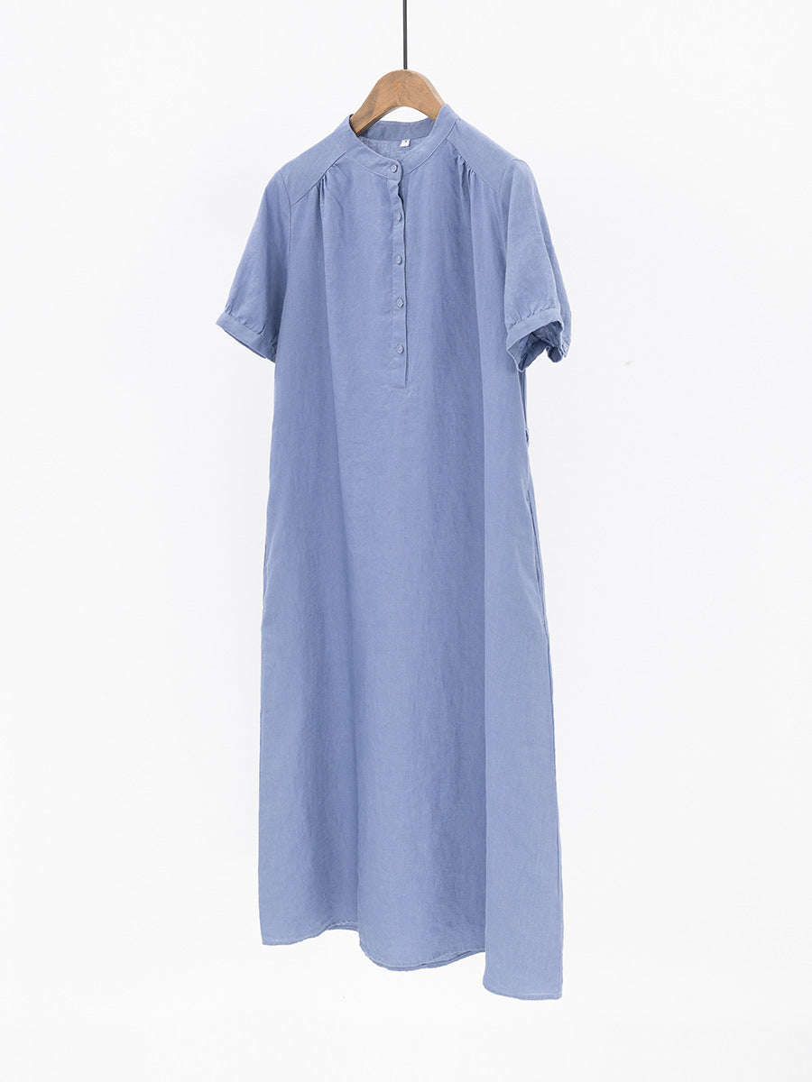 Short Sleeve Linen Dress Loose Casual Lace Up Midi Skirt